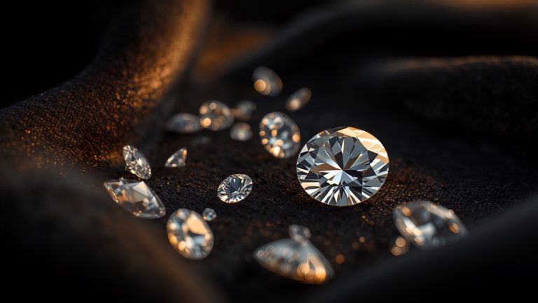 Loose diamonds showing the 4Cs: cut, color, clarity and carat