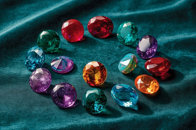 Twelve birthstones arranged in a circle by month