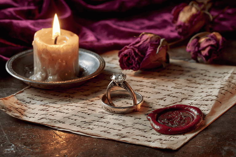 Vintage diamond engagement ring resting on a handwritten love letter