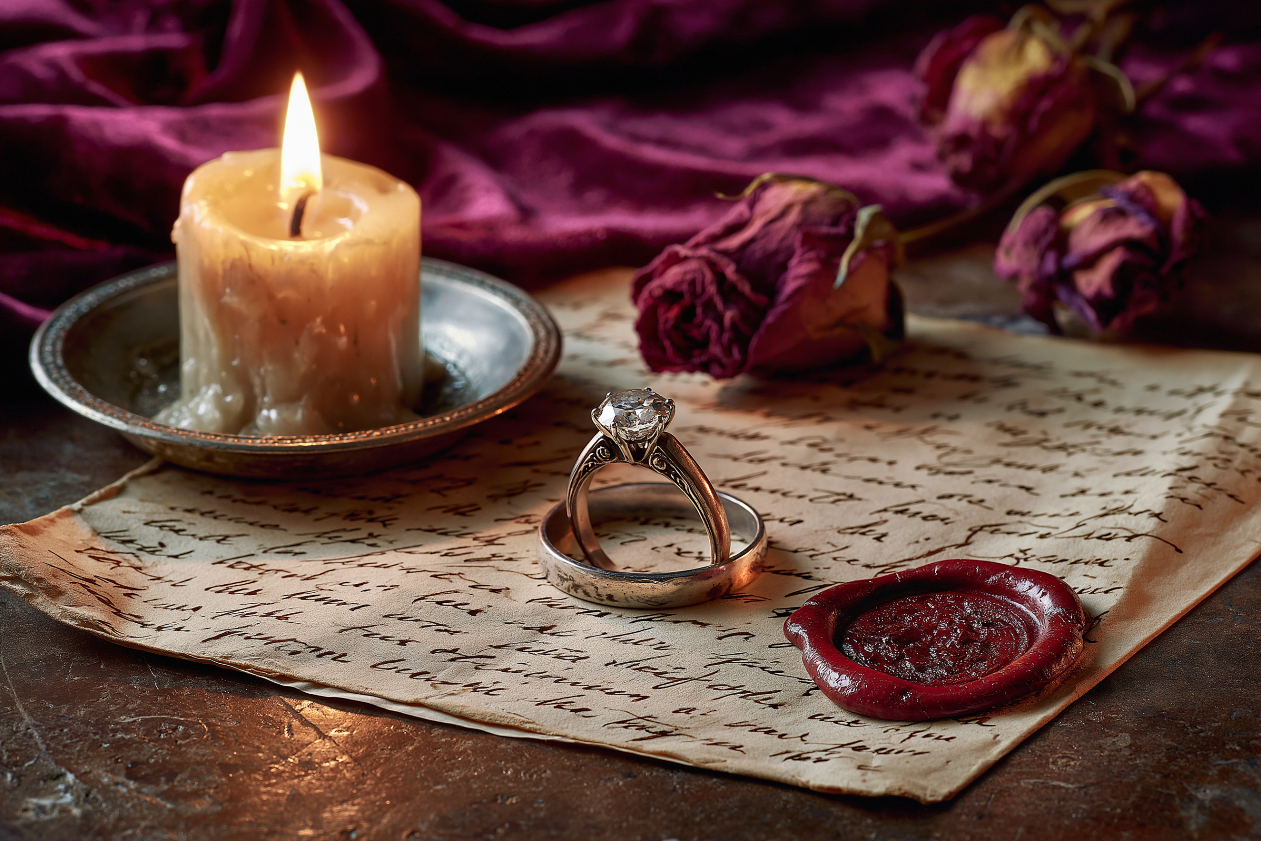 Vintage diamond engagement ring resting on a handwritten love letter