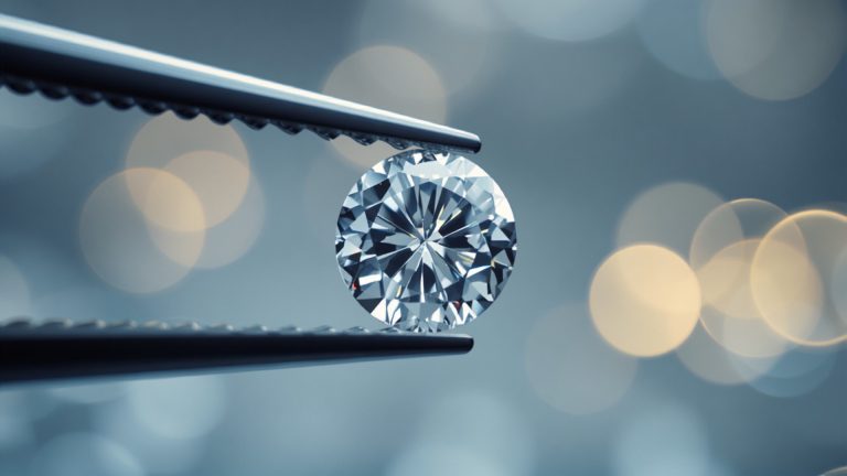 Lab-grown diamond held in tweezers in a laboratory