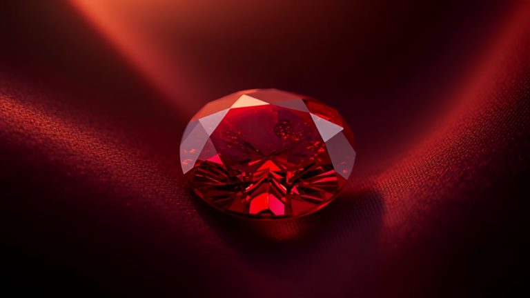 Deep red ruby gemstone glowing on dark silk in warm light