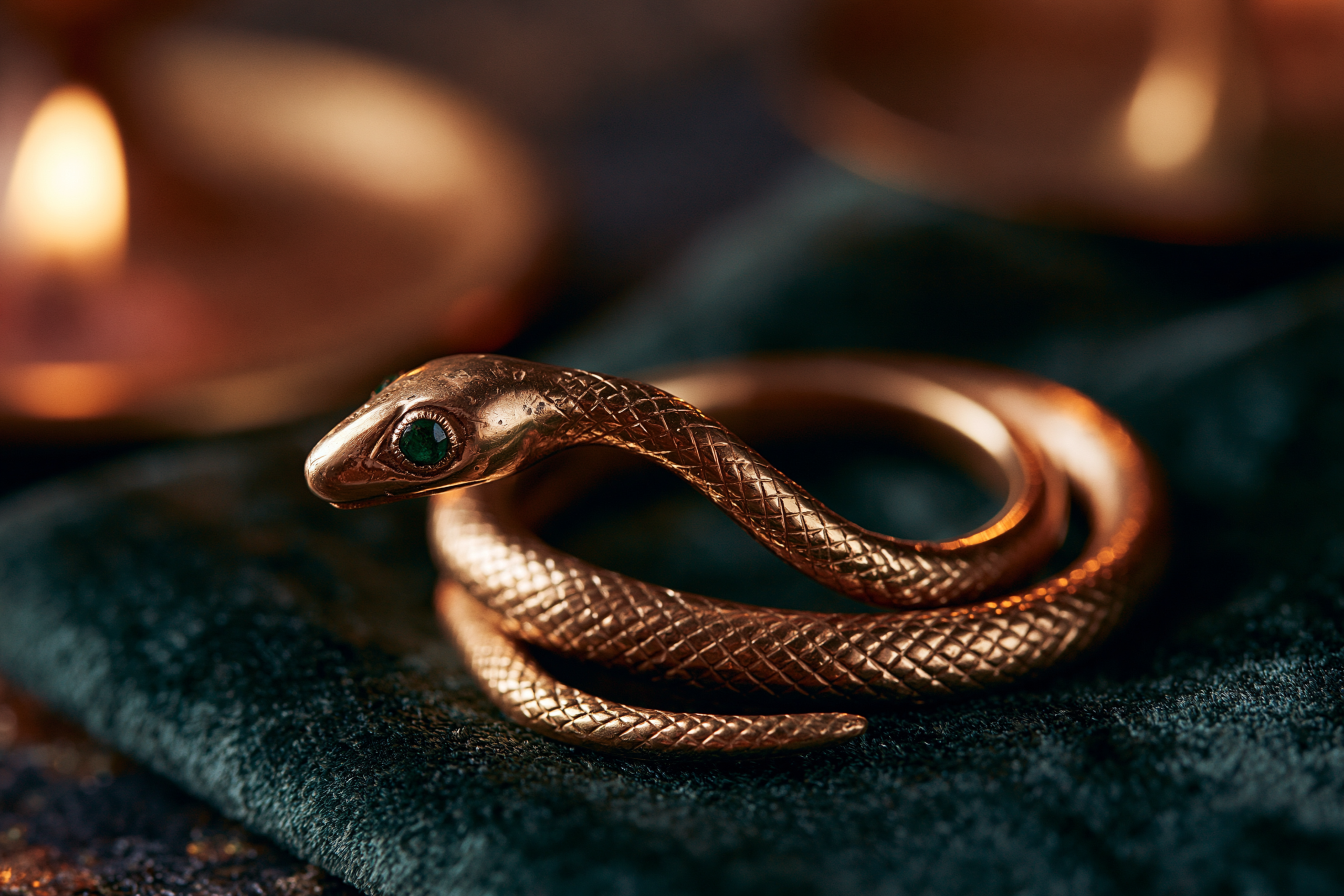 Antique gold serpent ring coiled with gemstone eyes